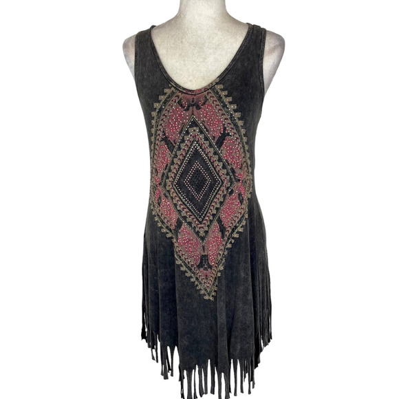 Vocal fringe rhinestone tank dress, size small acid wash aztec graphic boho midi - Picture 8 of 8
